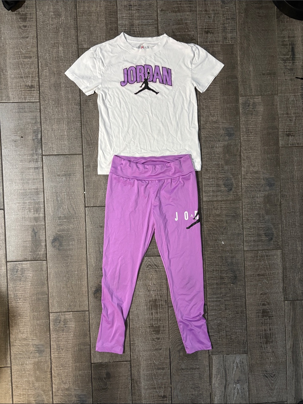 Jordan White Tee with Lavender Active Leggings.